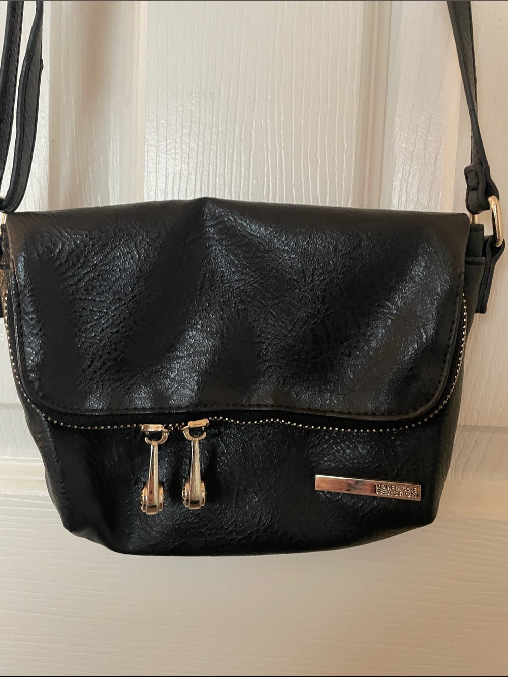 Kenneth Cole Black Crossbody Flap Bag with Silver Accents